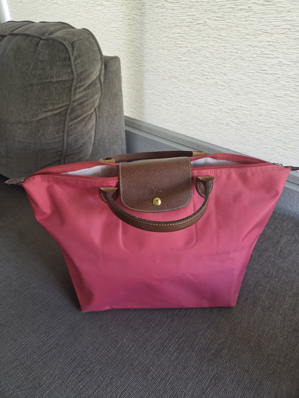 Longchamp Pink Tote with Brown Leather Trim